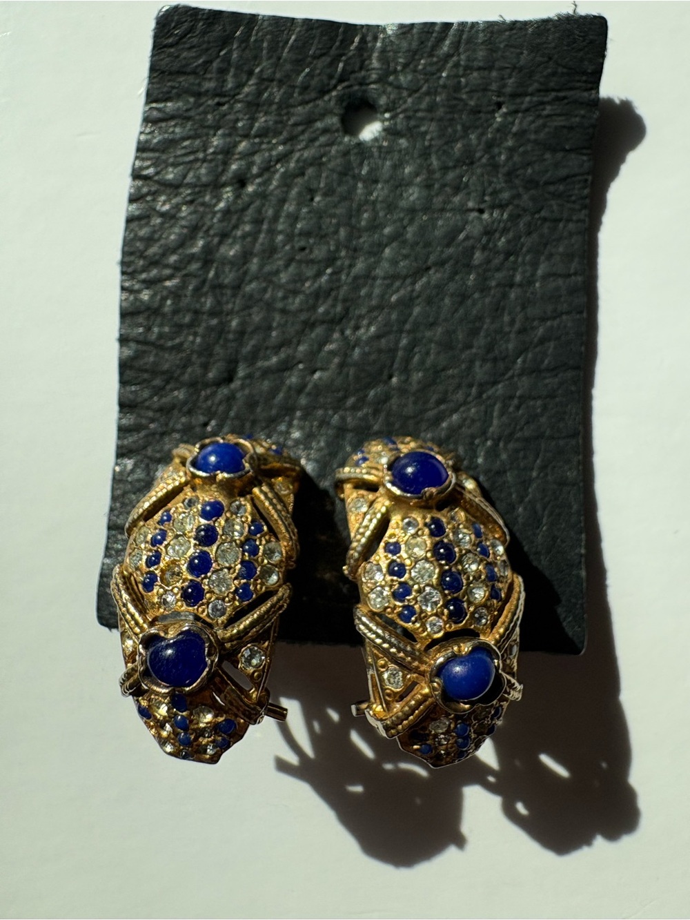 Vintage Gold Domed Sculptural Lapis Cabochon Rhinestone Diamond Stud Earrings - Picture 7 of 16
